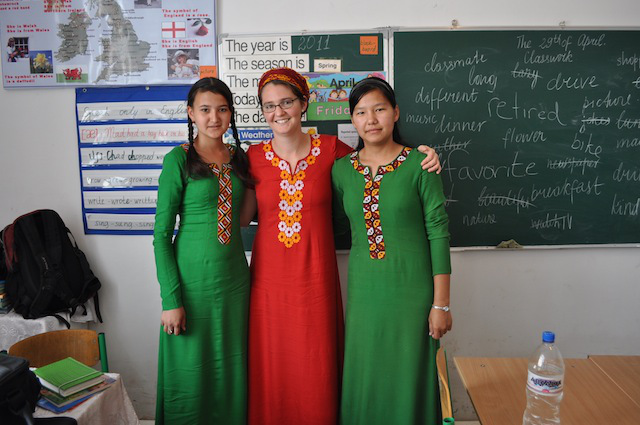 students in Turkmen dress
